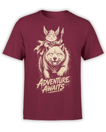 Wolf carrying a cat warrior with spear and “Adventure Awaits” artwork on a burgundy T-shirt