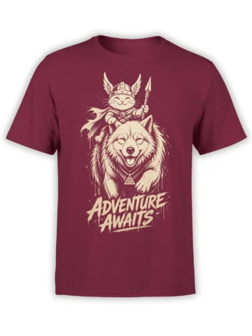 Wolf carrying a cat warrior with spear and “Adventure Awaits” artwork on a burgundy T-shirt