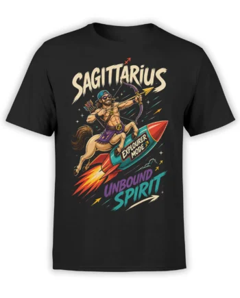 Black Sagittarius T-shirt with a colorful centaur archer riding a rocket through cosmic space