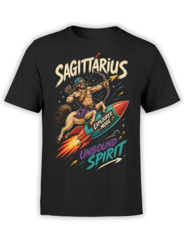 Black Sagittarius T-shirt with a colorful centaur archer riding a rocket through cosmic space