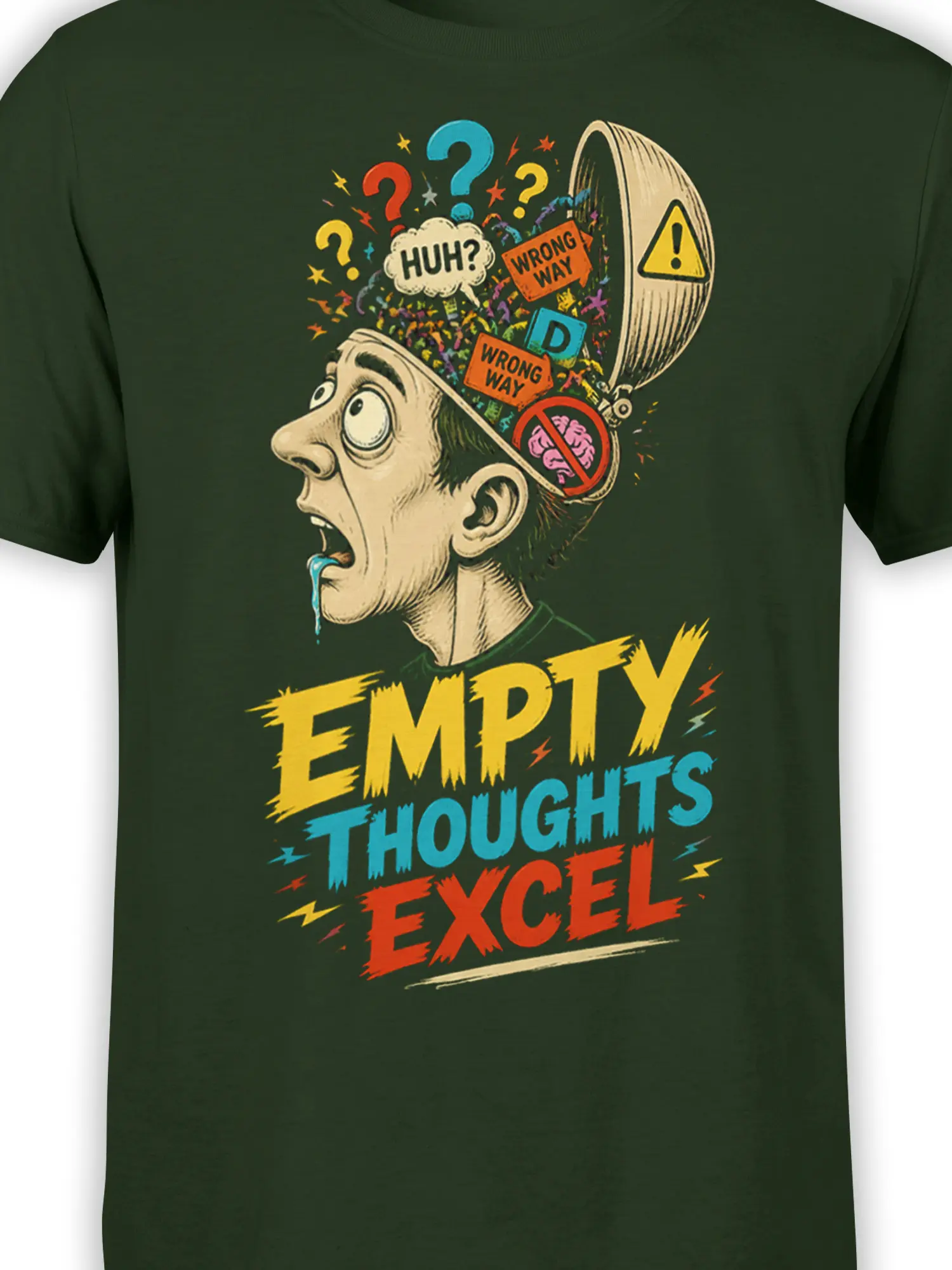 Close-up of green shirt graphic showing confused man, question marks, wrong way signs, and crossed-out brain