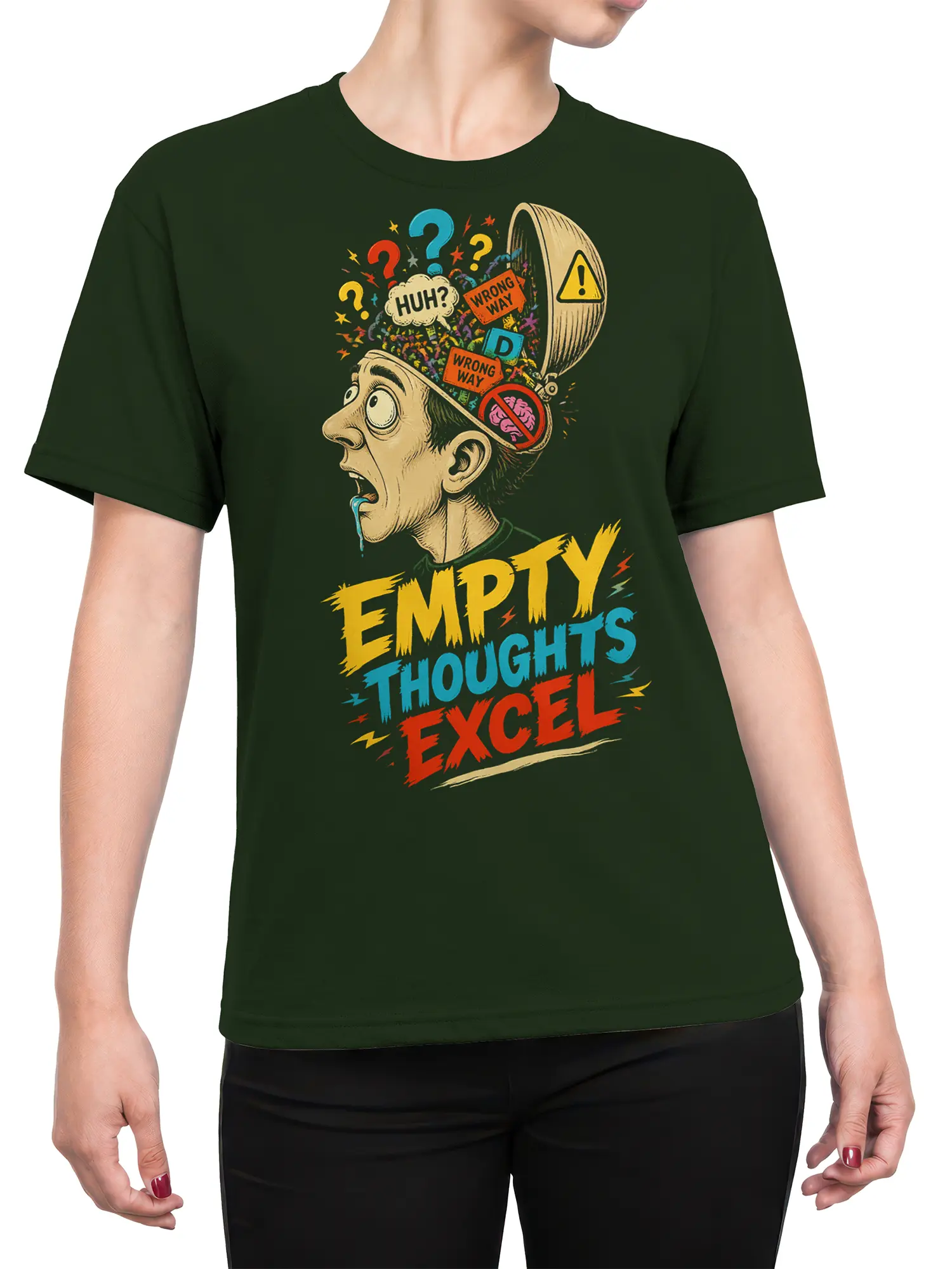 Female torso wearing green T-shirt with confused man and “EMPTY THOUGHTS EXCEL” graphic
