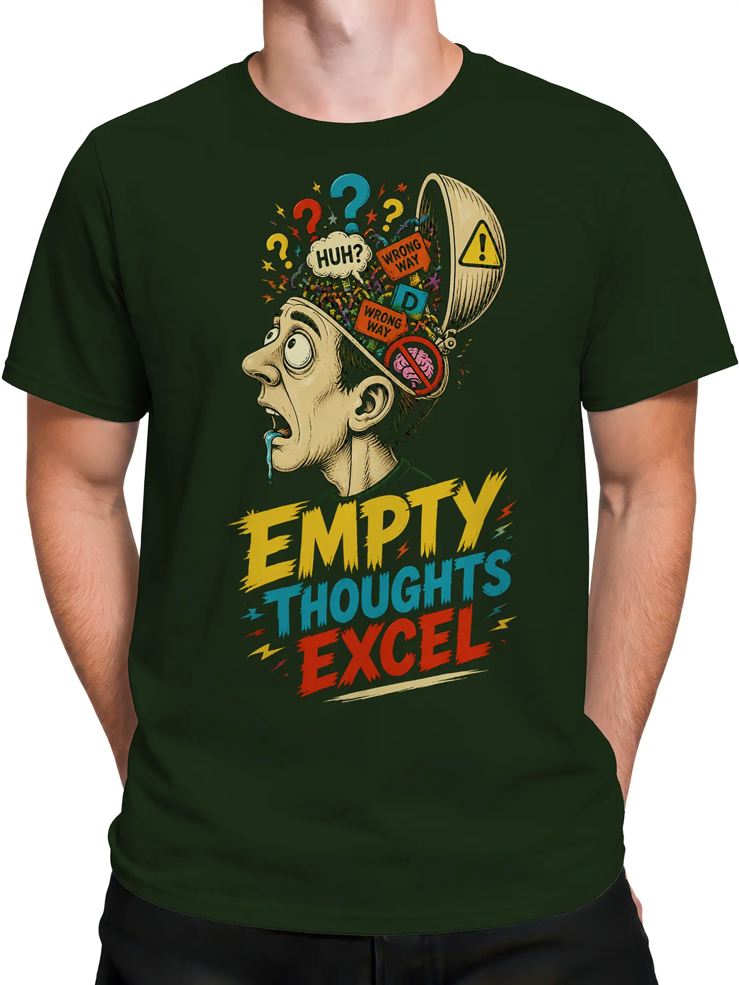 Male torso wearing green T-shirt with confused man and “EMPTY THOUGHTS EXCEL” artwork