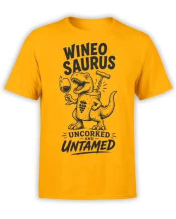 Yellow dinosaur t-shirt with roaring wineosaurus, wine glass, corkscrew, and uncorked lettering