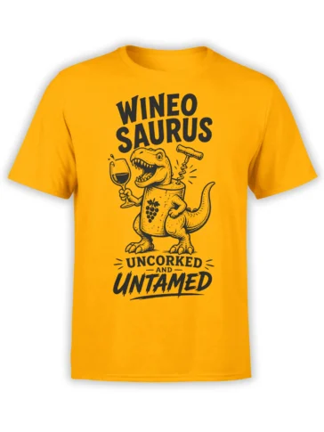 Yellow dinosaur t-shirt with roaring wineosaurus, wine glass, corkscrew, and uncorked lettering
