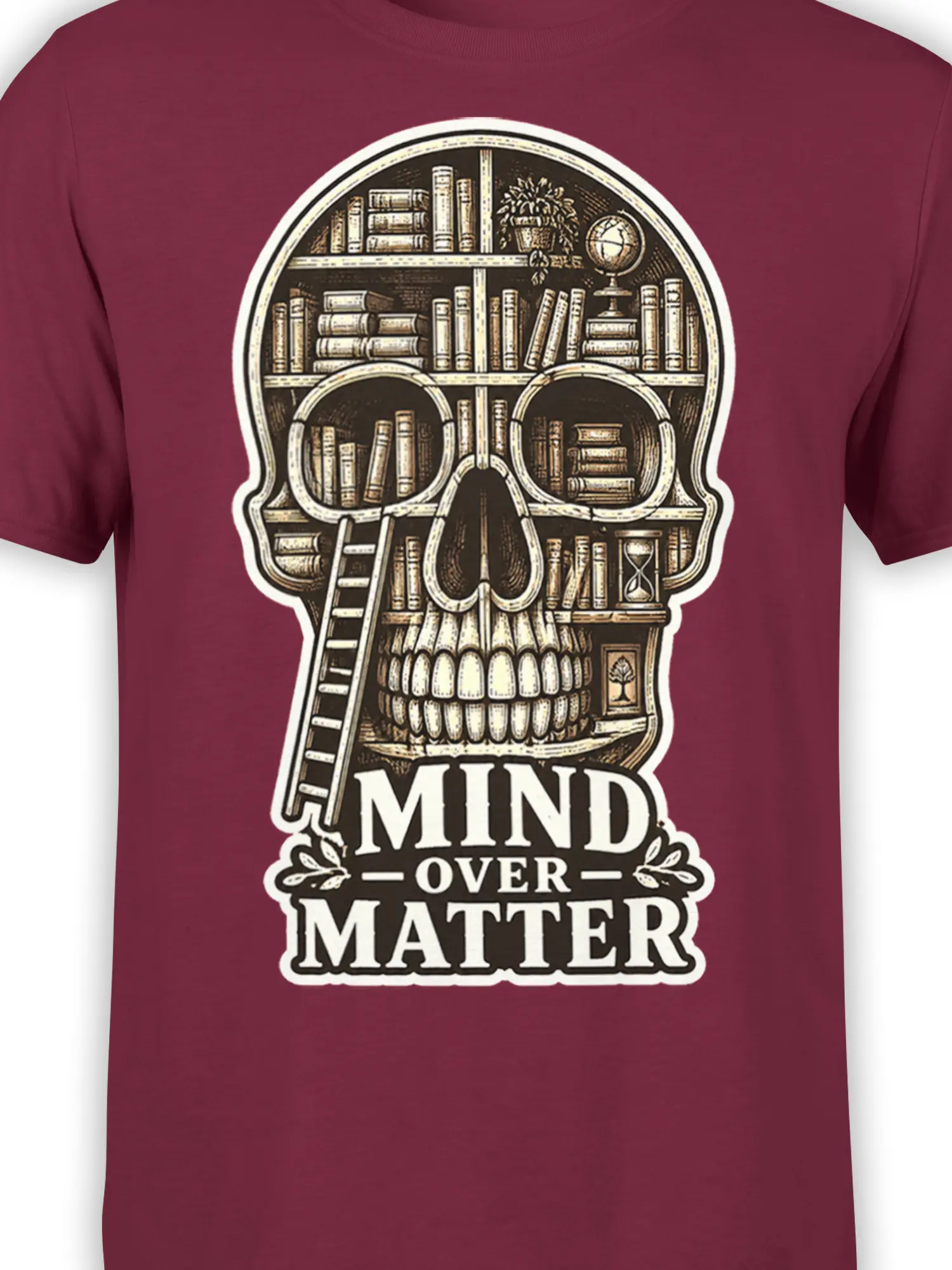 Close-up of burgundy shirt artwork showing a skull made of bookshelves with Mind Over Matter lettering