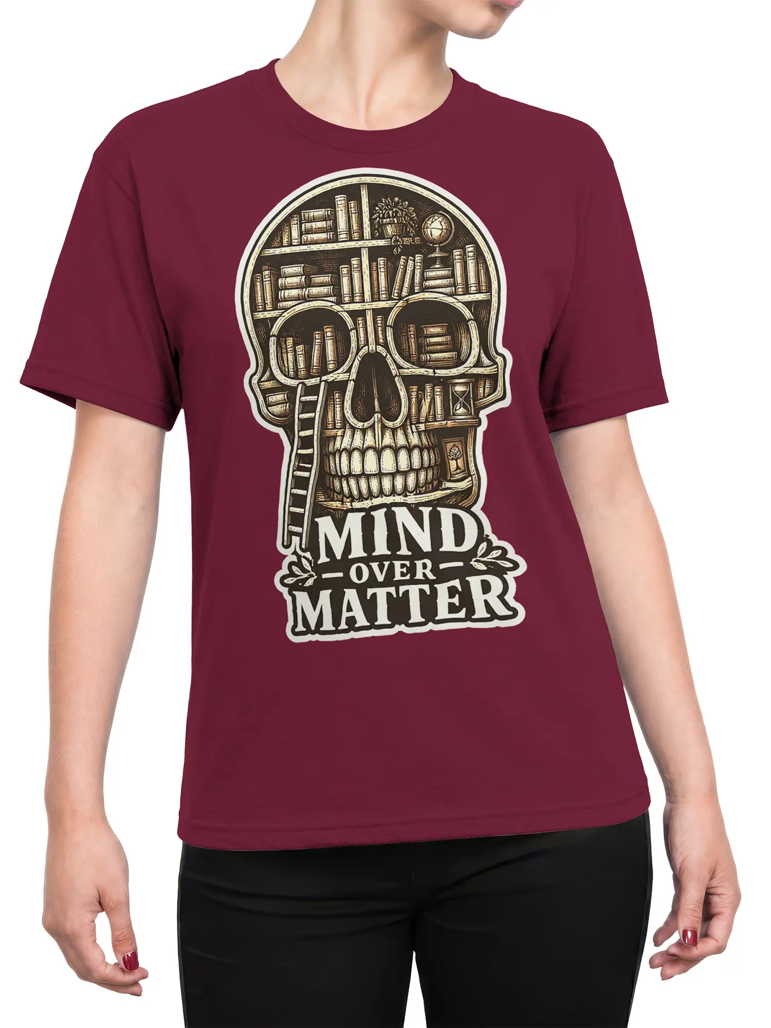Female torso wearing a burgundy T-shirt with a detailed book-filled skull and Mind Over Matter design