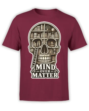 Burgundy T-shirt with a detailed bookshelf skull design and bold Mind Over Matter lettering