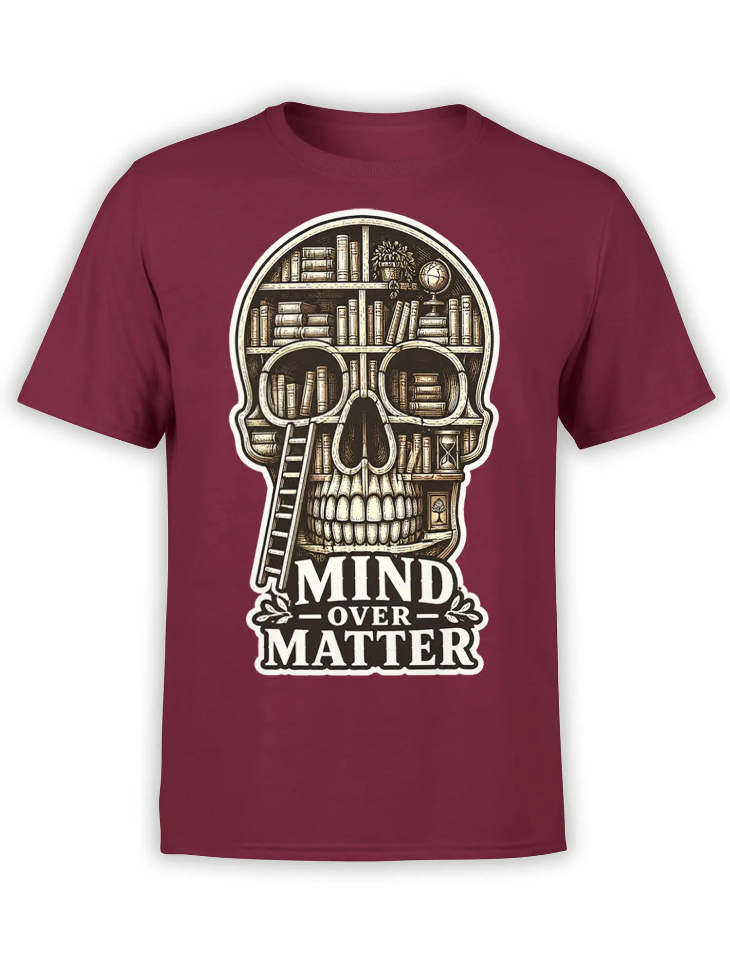 Burgundy T-shirt with a detailed bookshelf skull design and bold Mind Over Matter lettering