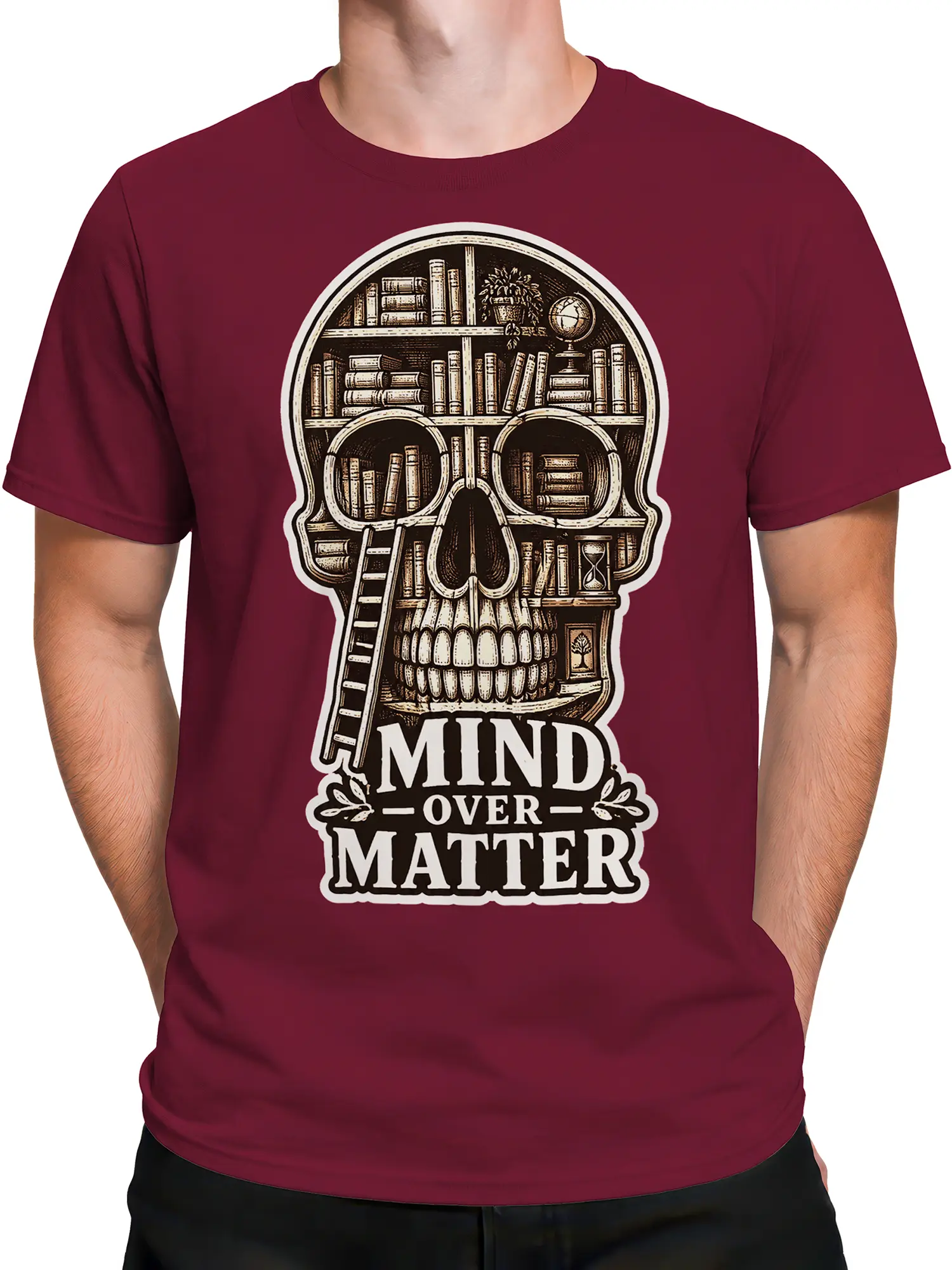 Male torso wearing a burgundy T-shirt with a book-filled skull and Mind Over Matter graphic