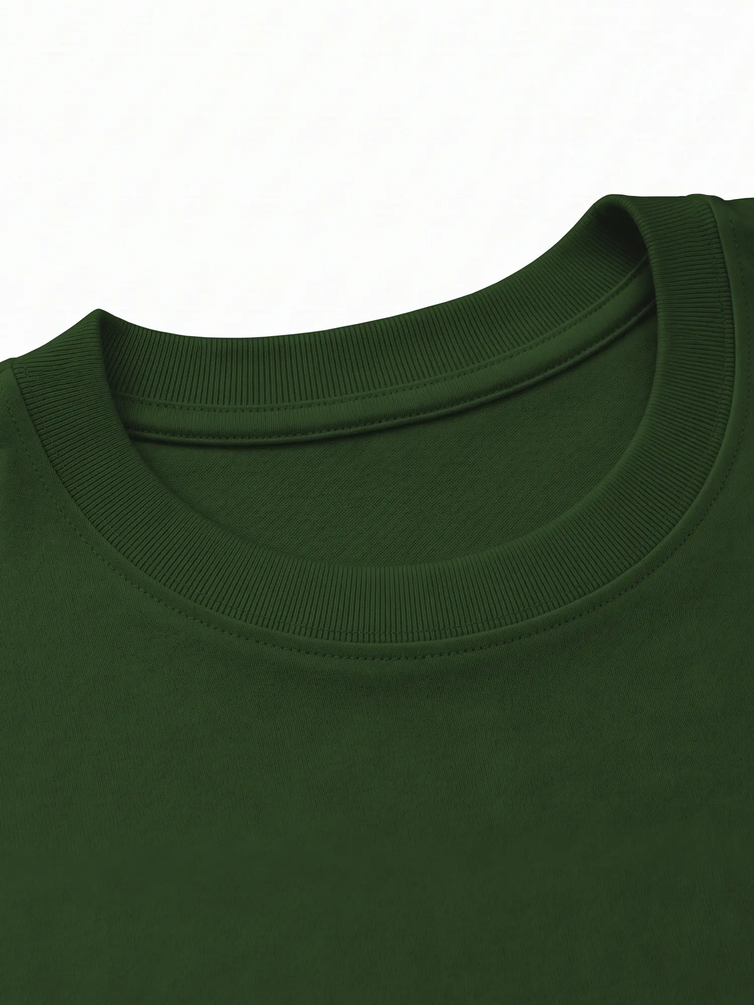 Green cotton T-shirt collar and neckline shown in a close-up fabric detail