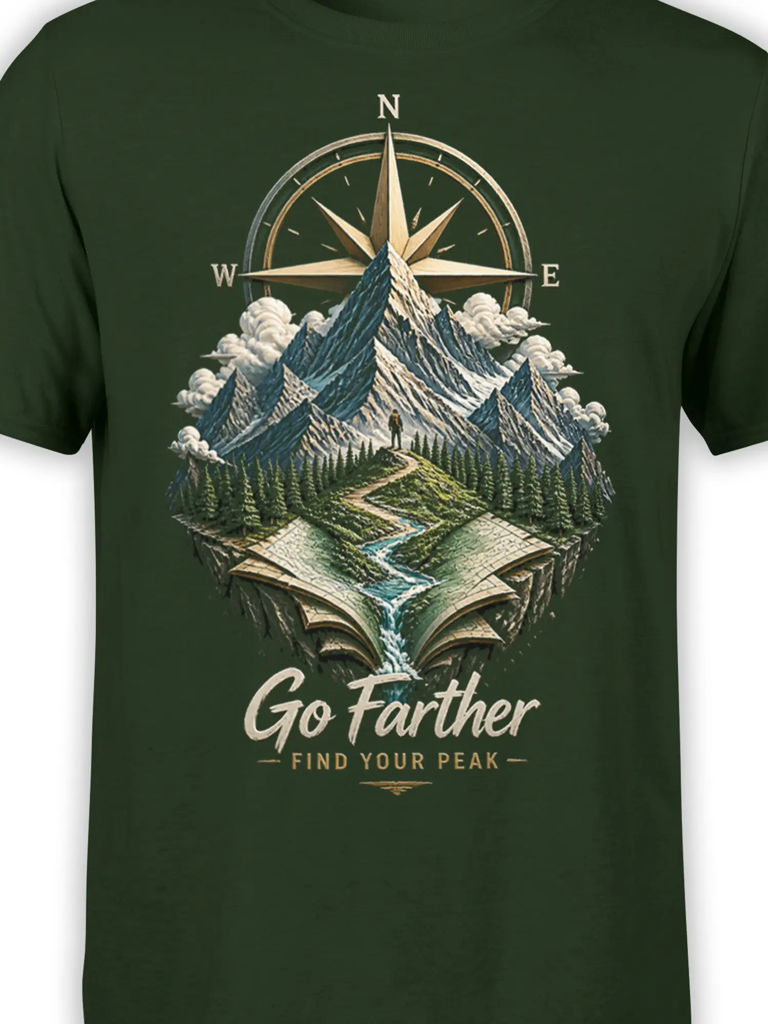 Close-up of green mountain adventure graphic with compass, alpine peaks, forest trail, open map, and motivational text
