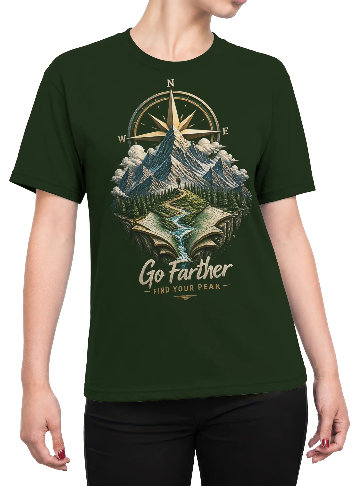 Female torso wearing a green mountain t-shirt with compass, alpine landscape, open map, and “Find Your Peak” message