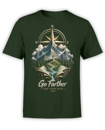 Green mountain t-shirt with compass, snowy peaks, open map, forest trail, and “Go Farther - Find Your Peak” design