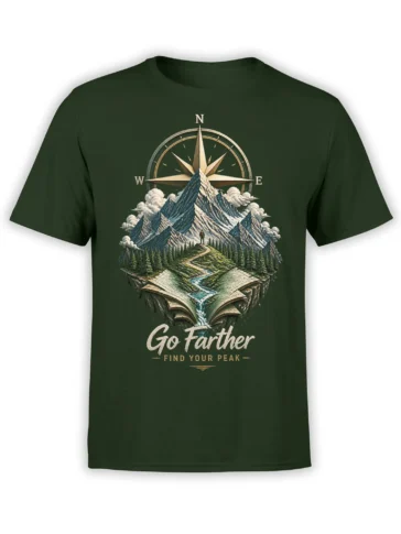 Green mountain t-shirt with compass, snowy peaks, open map, forest trail, and “Go Farther - Find Your Peak” design