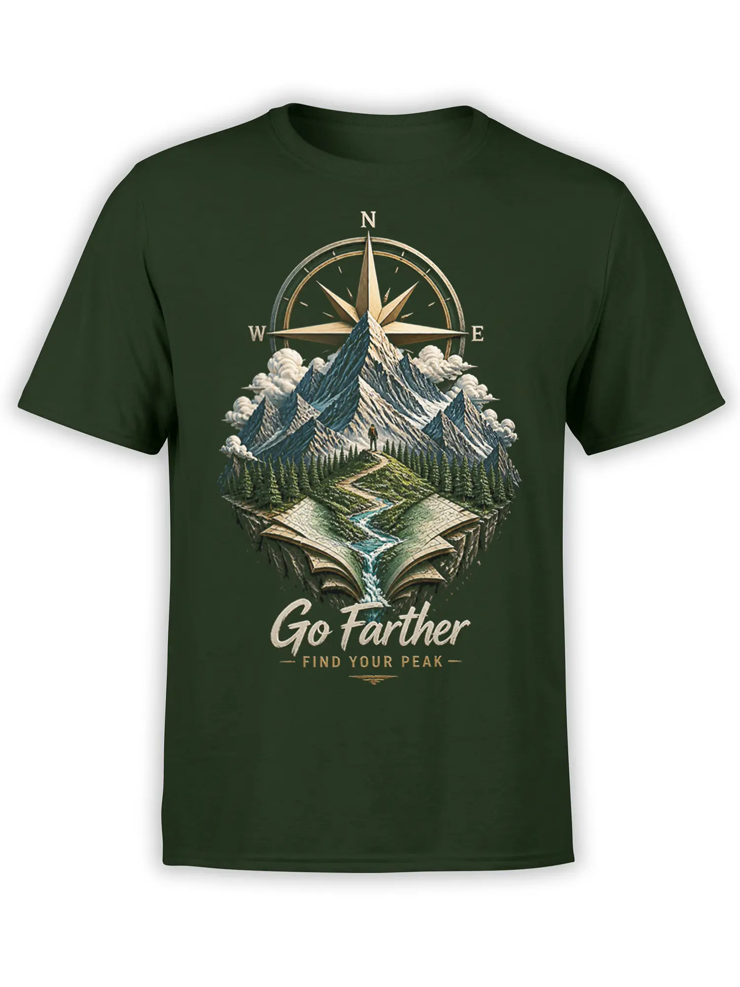 Green mountain t-shirt with compass, snowy peaks, open map, forest trail, and “Go Farther - Find Your Peak” design