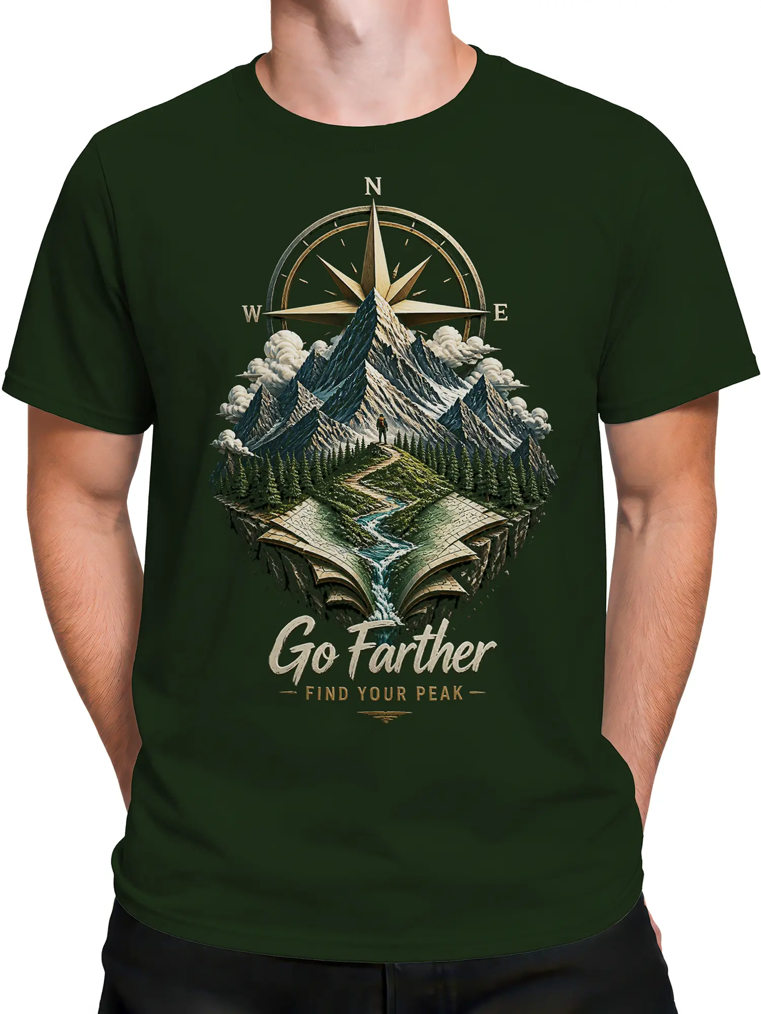 Male torso wearing a green mountain t-shirt with snowy peaks, compass, open map, and vintage adventure artwork