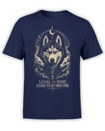 Detailed wolf graphic on a navy T-shirt with a crescent moon, twin wolf heads, symbols, and quote
