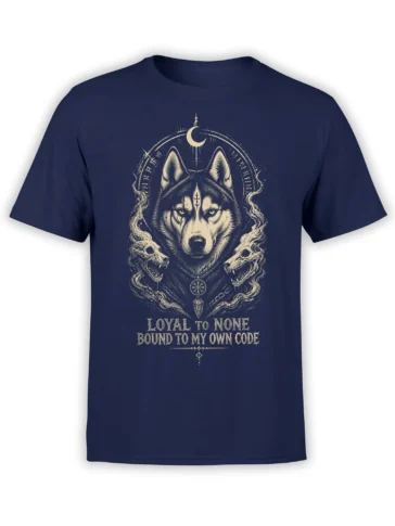 Detailed wolf graphic on a navy T-shirt with a crescent moon, twin wolf heads, symbols, and quote