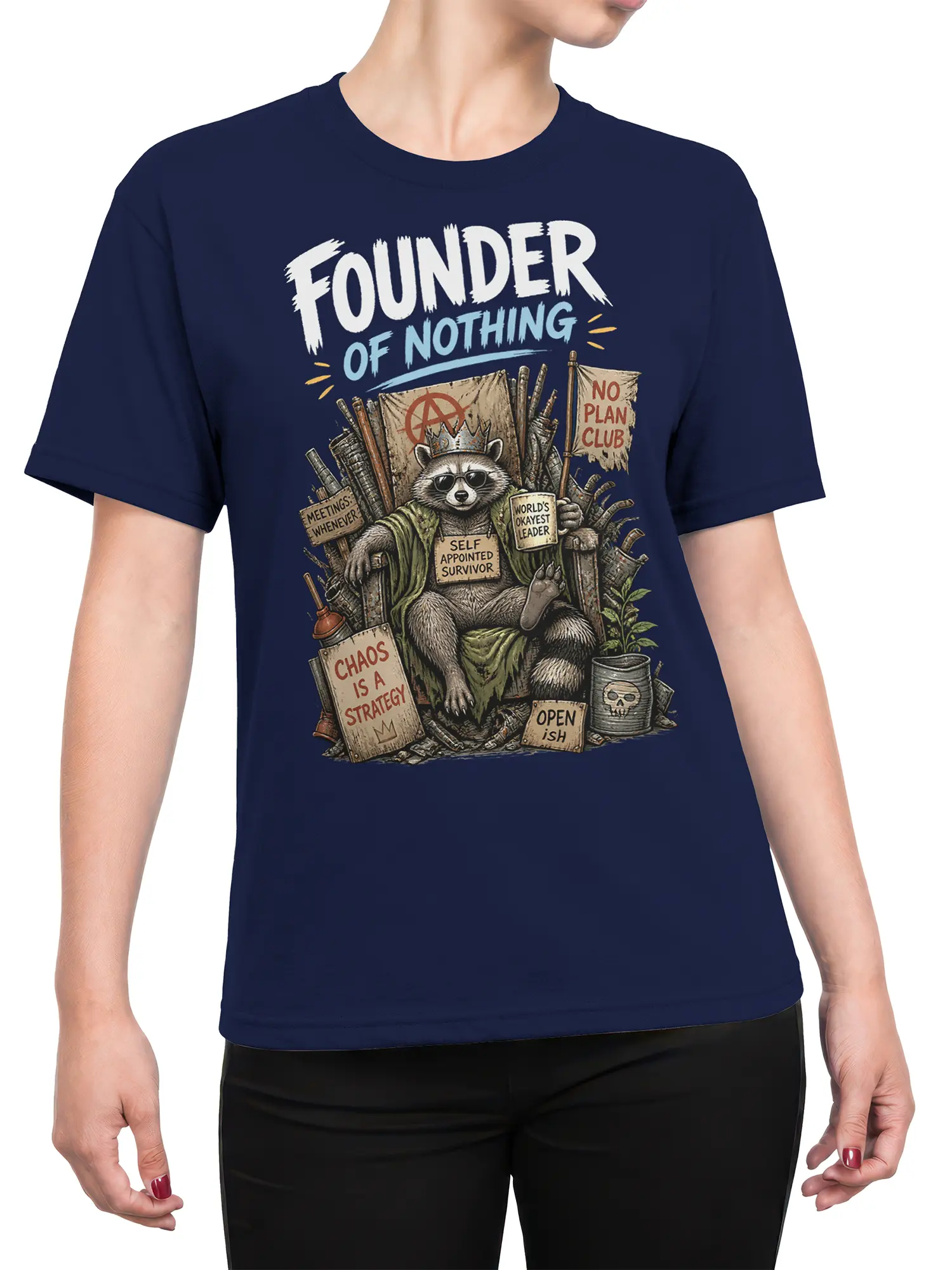 Female torso wearing a navy T-shirt with a crowned raccoon chaos leader design