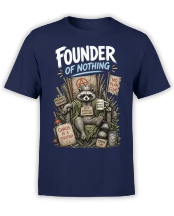 Vintage crowned raccoon design with chaos signs and weapons printed on a navy T-shirt