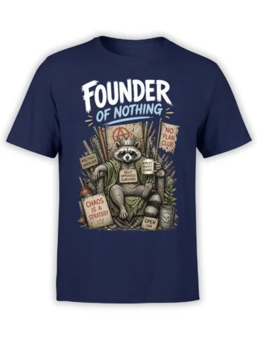 Vintage crowned raccoon design with chaos signs and weapons printed on a navy T-shirt