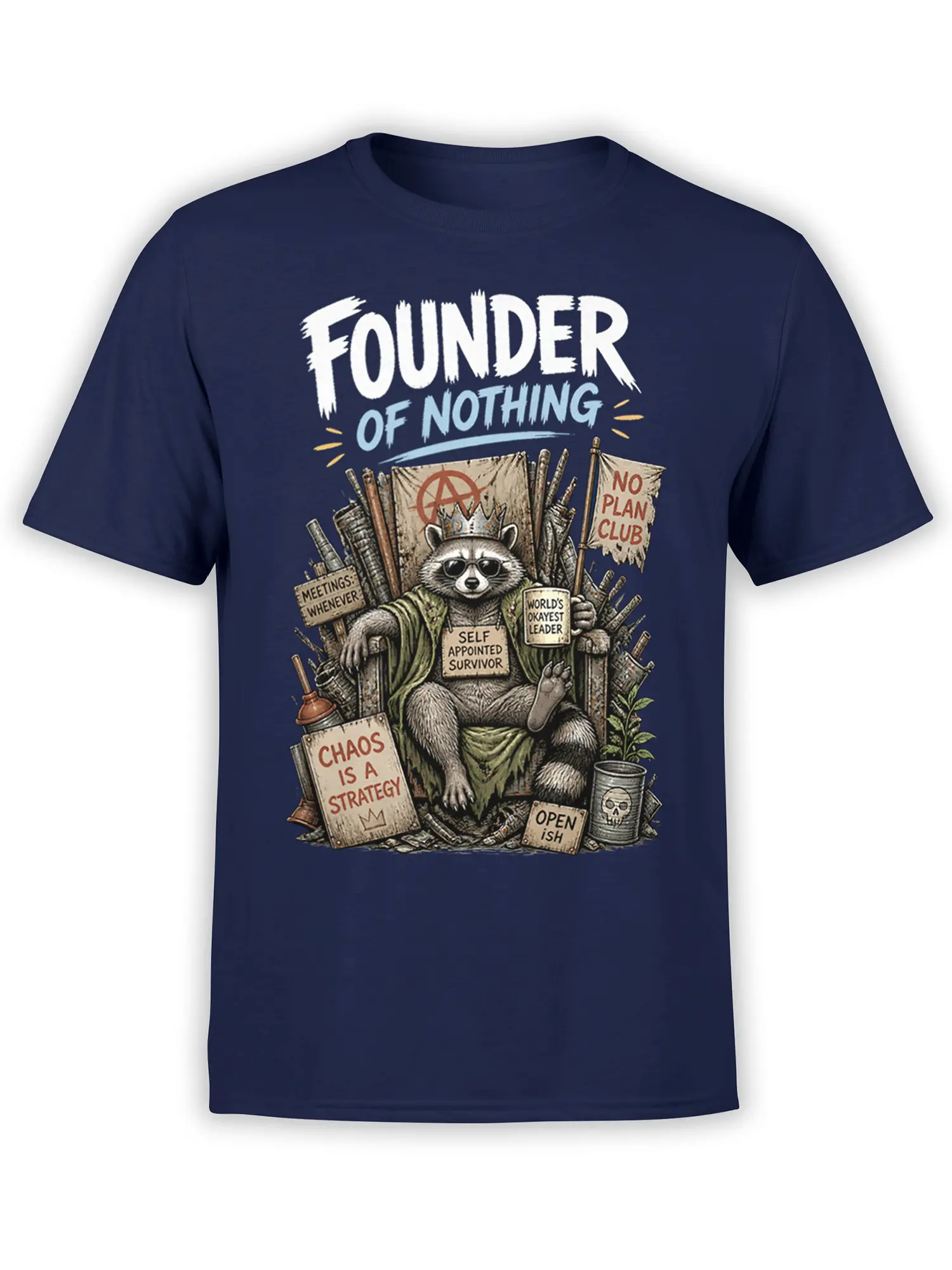 Vintage crowned raccoon design with chaos signs and weapons printed on a navy T-shirt