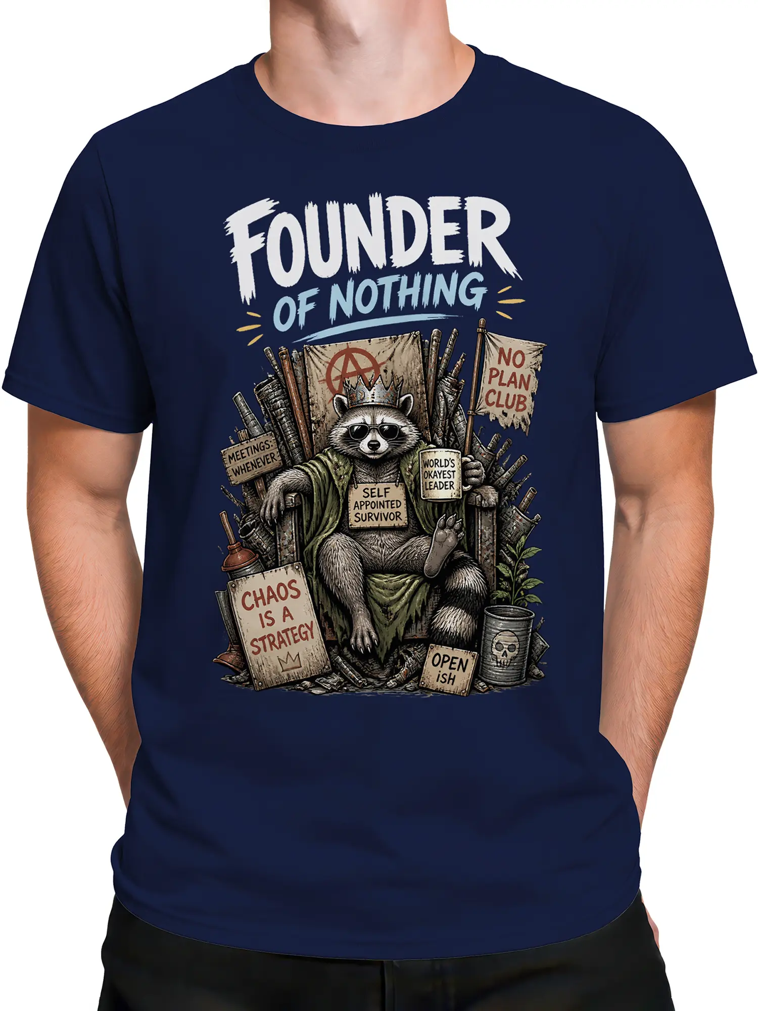 Male torso wearing a navy T-shirt with a sarcastic crowned raccoon graphic