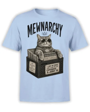 Light blue cat T-shirt with a crowned striped cat in sunglasses sitting on a vinyl record crate