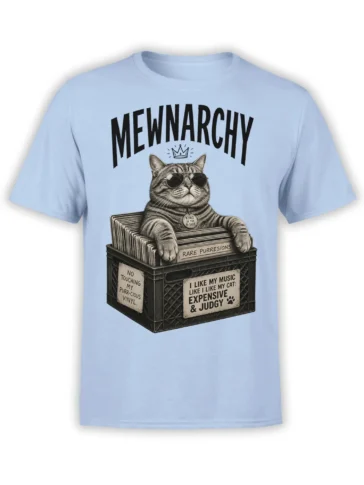 Light blue cat T-shirt with a crowned striped cat in sunglasses sitting on a vinyl record crate
