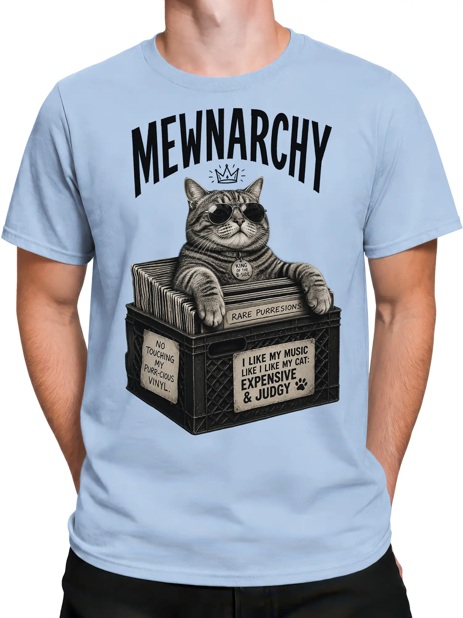 Male torso wearing a light blue cat graphic tee with crowned tabby and vintage vinyl record artwork
