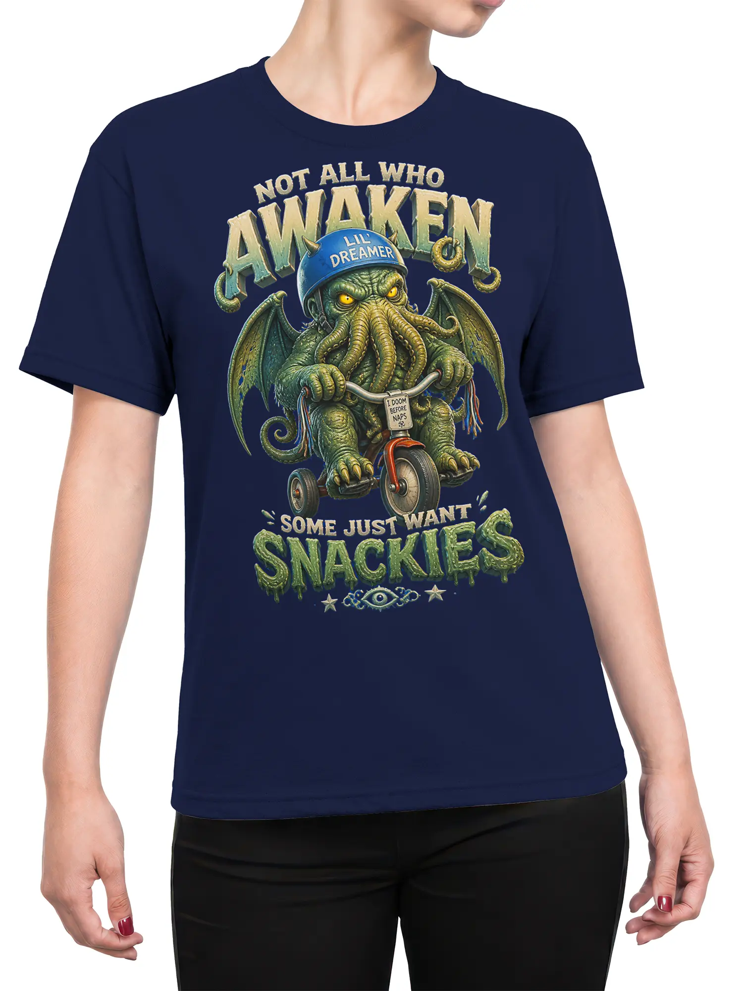 Female torso wearing a navy fantasy T-shirt with a winged tentacled monster and snack-themed vintage artwork