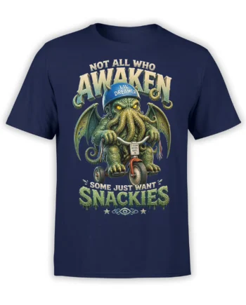 Winged green tentacled monster fantasy design with snack and nap text on a navy T-shirt