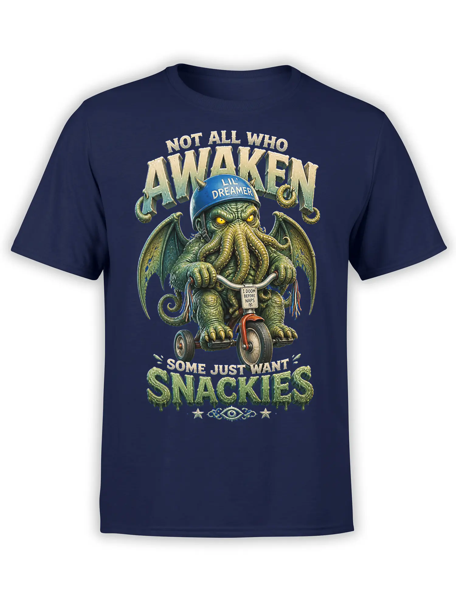 Winged green tentacled monster fantasy design with snack and nap text on a navy T-shirt