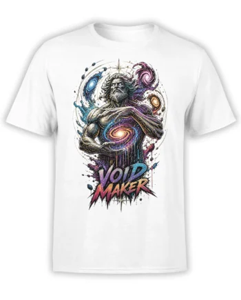 White Void Maker T-shirt with a powerful bearded figure holding a swirling galaxy and colorful cosmic artwork