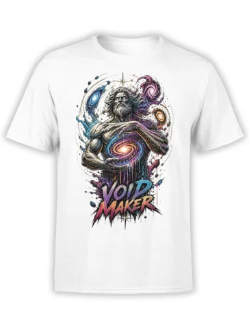 White Void Maker T-shirt with a powerful bearded figure holding a swirling galaxy and colorful cosmic artwork