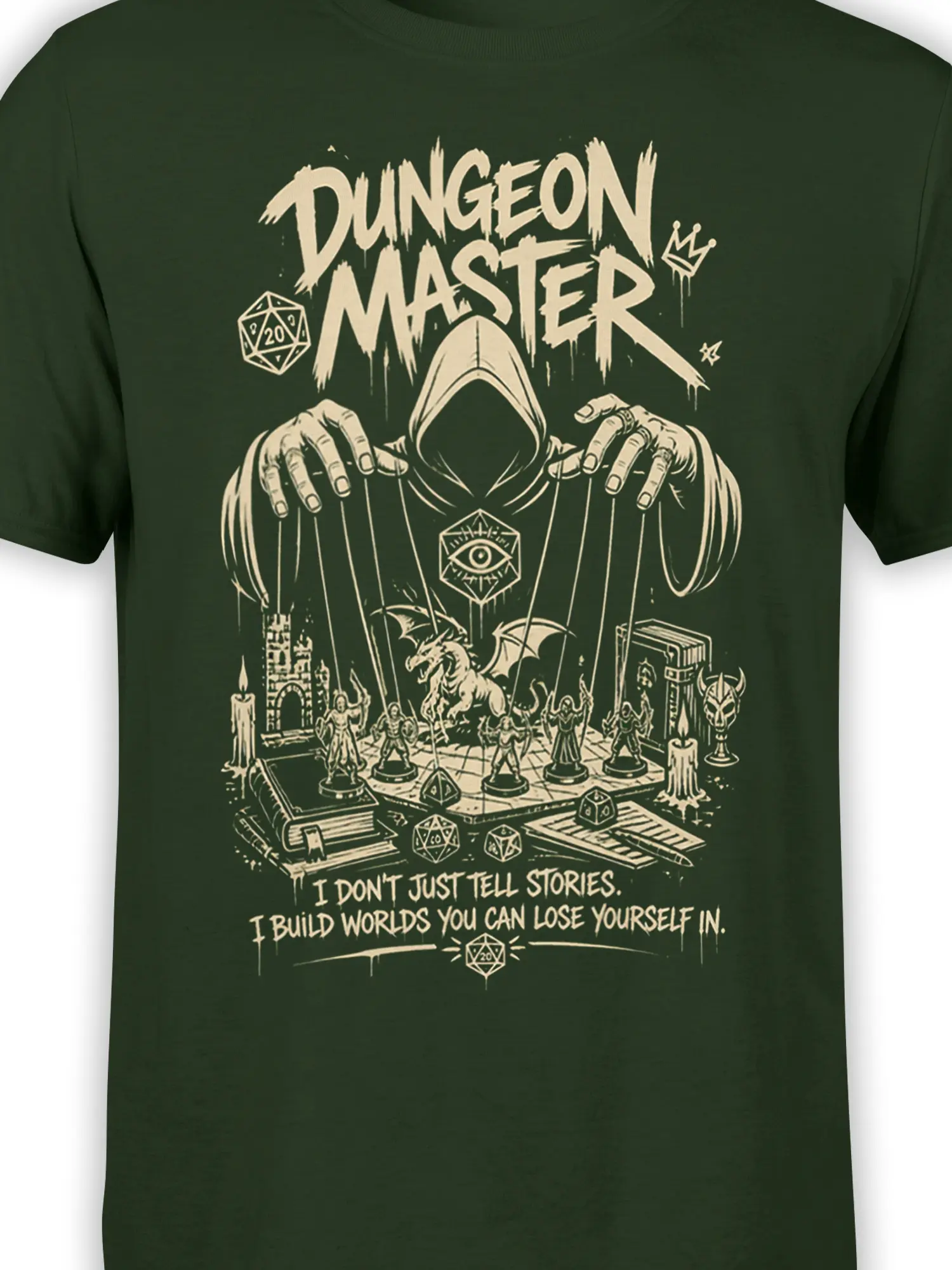 Close-up of green dungeon master shirt artwork with dragon, dice, miniatures, candles, and cream print
