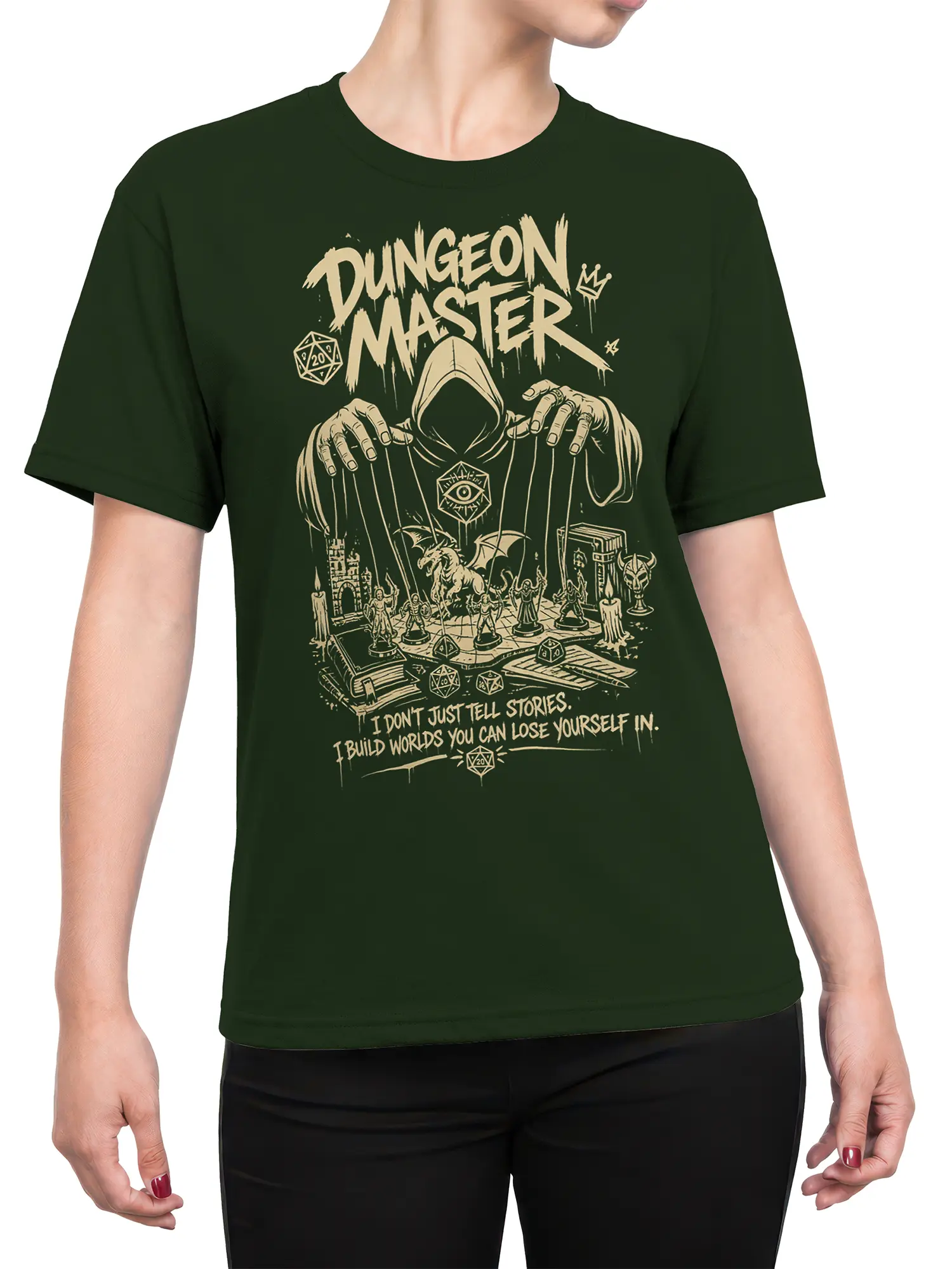 Female torso wearing green dungeon master T-shirt with dragon, dice, miniatures, and fantasy game artwork