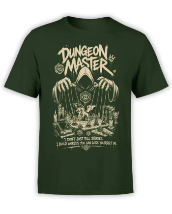 Green dungeon master T-shirt with hooded figure, dragon, dice, miniatures, and cream fantasy artwork
