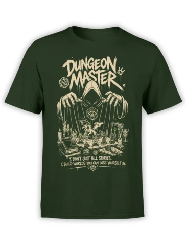 Green dungeon master T-shirt with hooded figure, dragon, dice, miniatures, and cream fantasy artwork