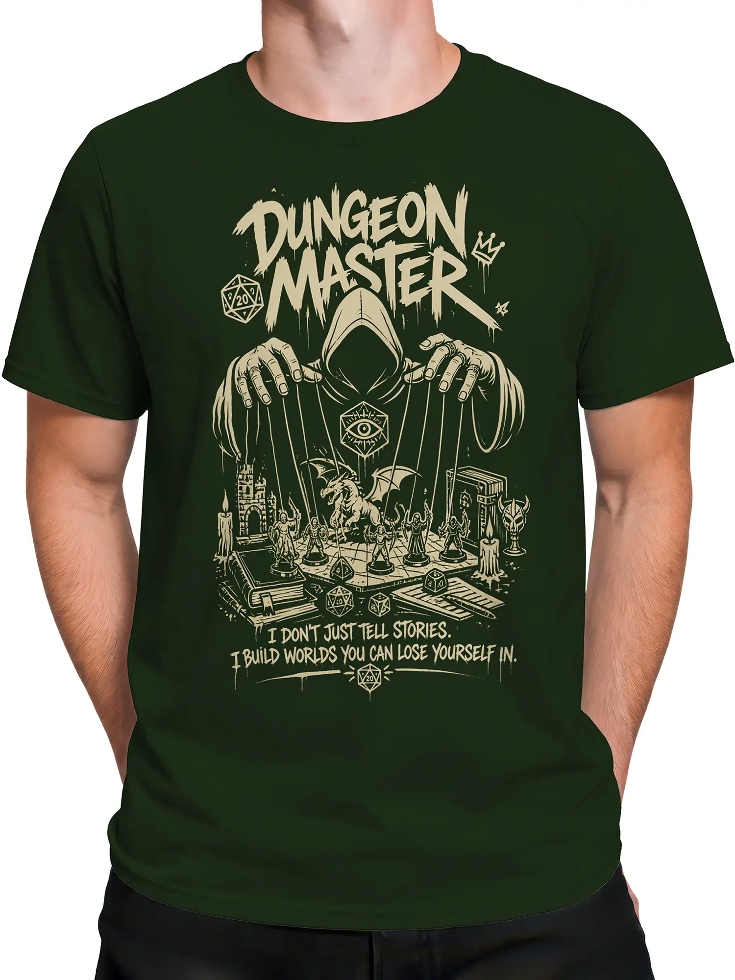 Male torso wearing green fantasy T-shirt with dungeon master, dragon, dice, and miniature game artwork
