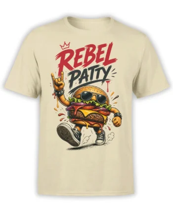 Beige T-shirt with a rebel cheeseburger wearing sunglasses, sneakers, and bold red and black lettering