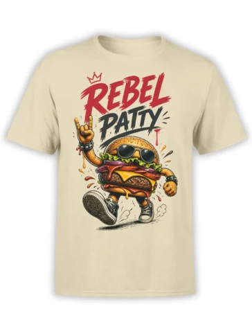 Beige T-shirt with a rebel cheeseburger wearing sunglasses, sneakers, and bold red and black lettering