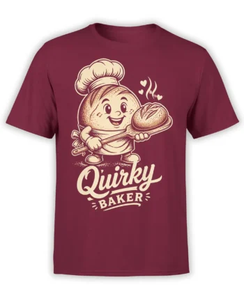 Quirky Baker design with a smiling chef character and rustic loaf on a burgundy T-shirt