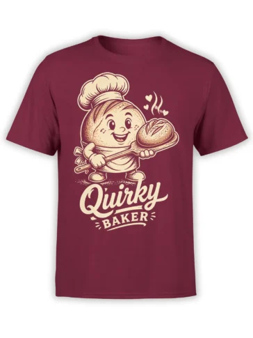 Quirky Baker design with a smiling chef character and rustic loaf on a burgundy T-shirt