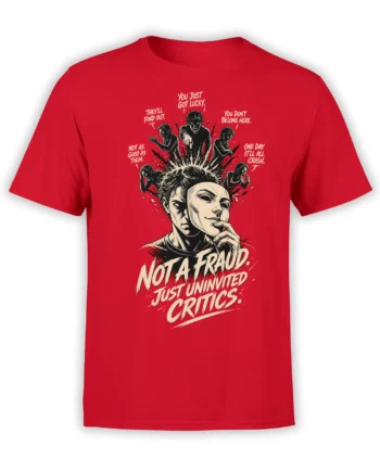 Red T-shirt with masked face graphic and bold text about uninvited critics and self-doubt