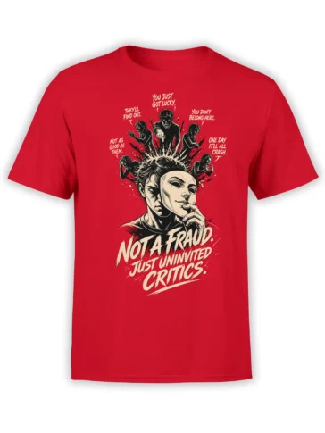 Red T-shirt with masked face graphic and bold text about uninvited critics and self-doubt