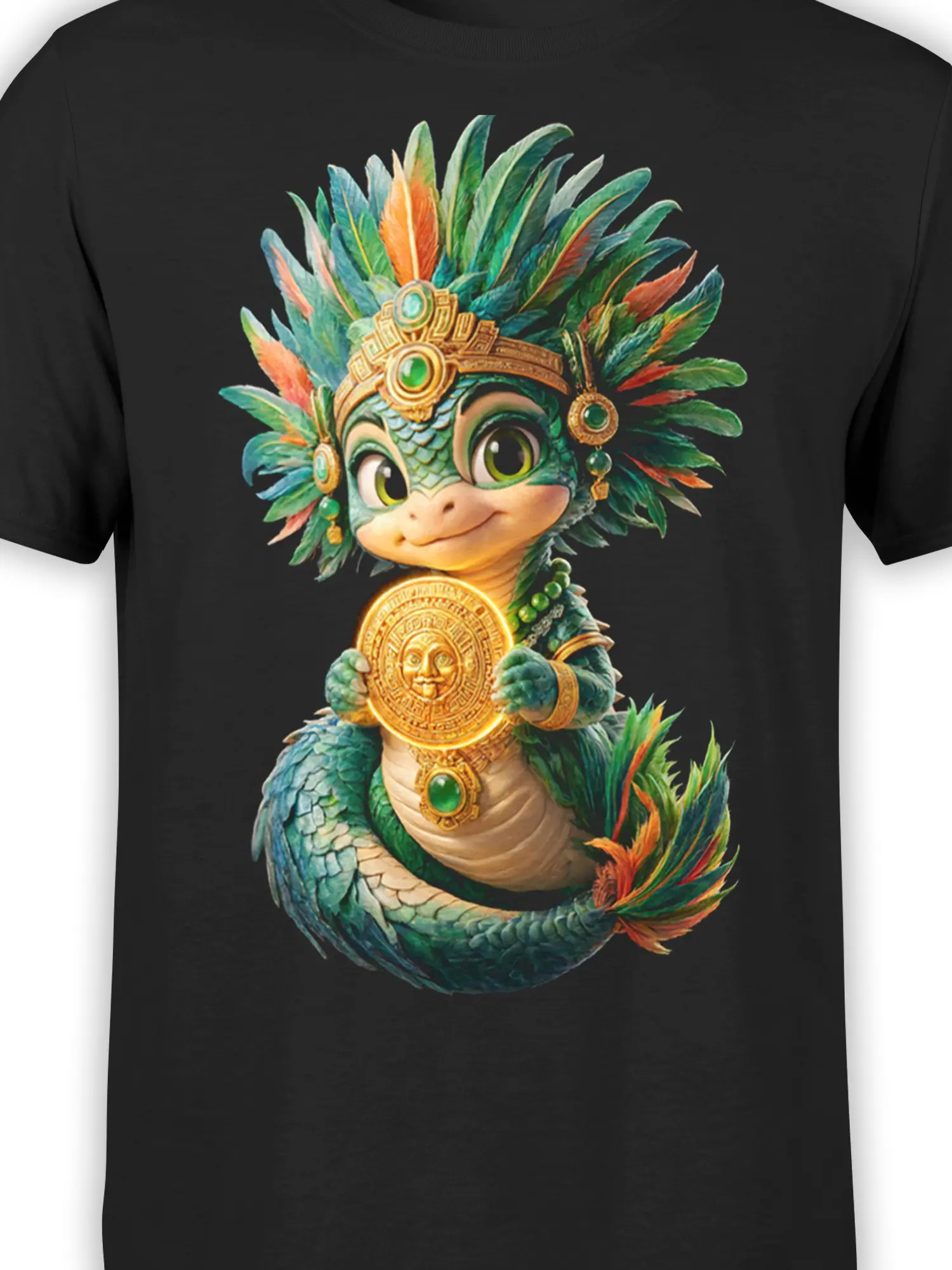 Close-up of the green feathered dragon and golden sun medallion on black fabric