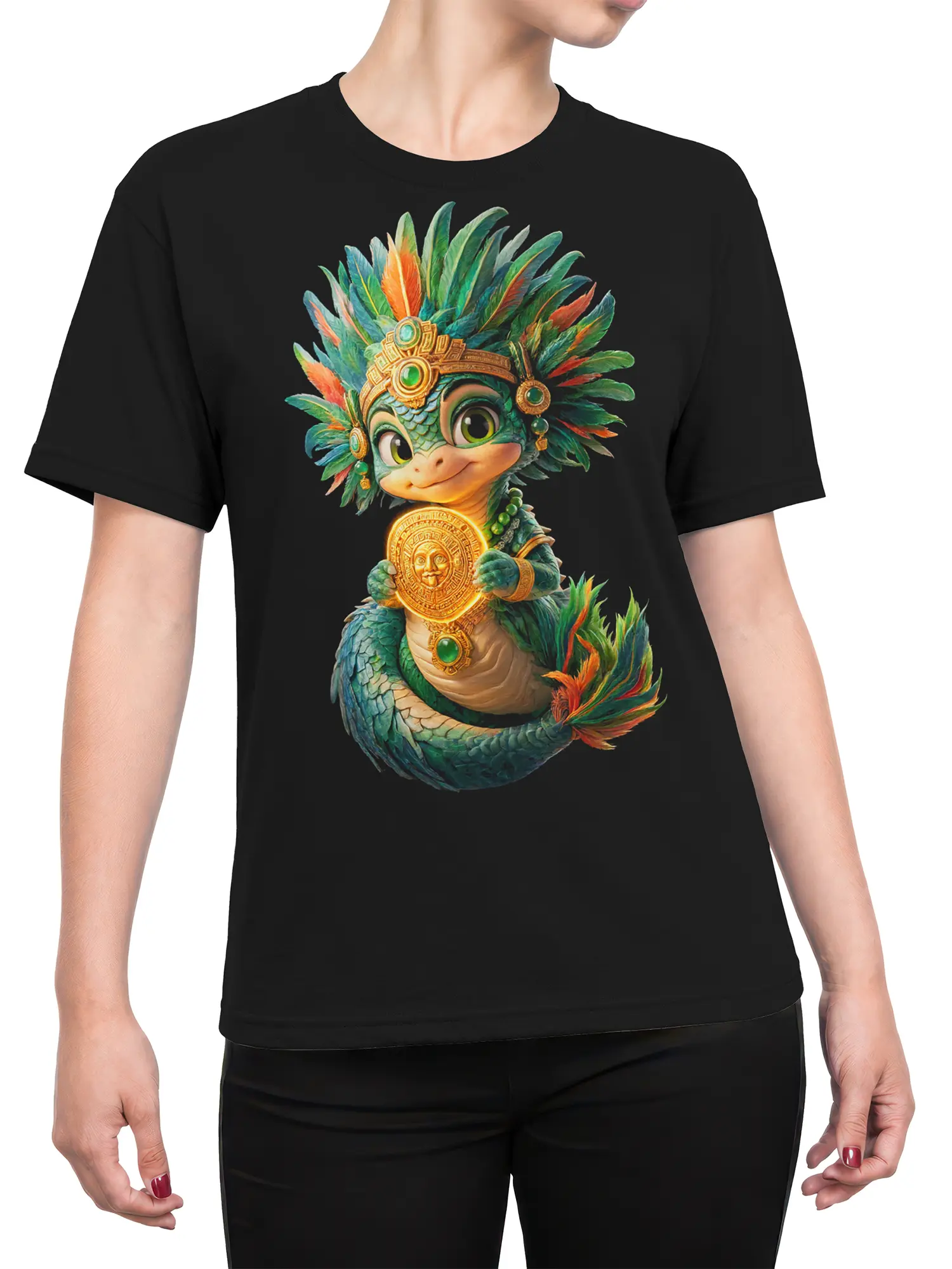 Female model wearing a black T-shirt with a colorful feathered dragon design