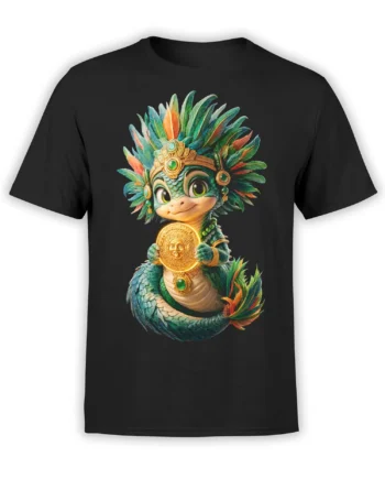 Black T-shirt with a colorful green feathered dragon holding a golden sun medallion